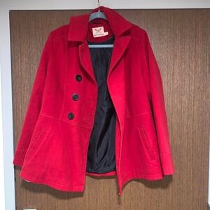 Women's faded glory Red trench coat with black buttons and hood LARGE